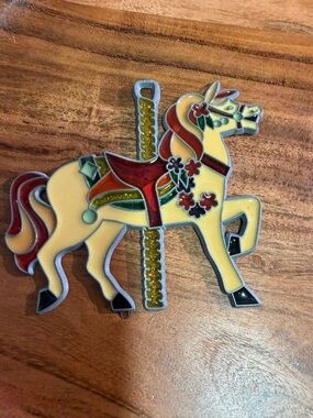 Vintage Stained glass Carousel Horse sun catcher in Cream, Red & Green